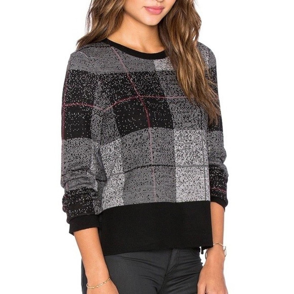 Rag & Bone‎ JEAN Womens Merino Wool Plaid Crewneck Sweater Black Gray Sz S